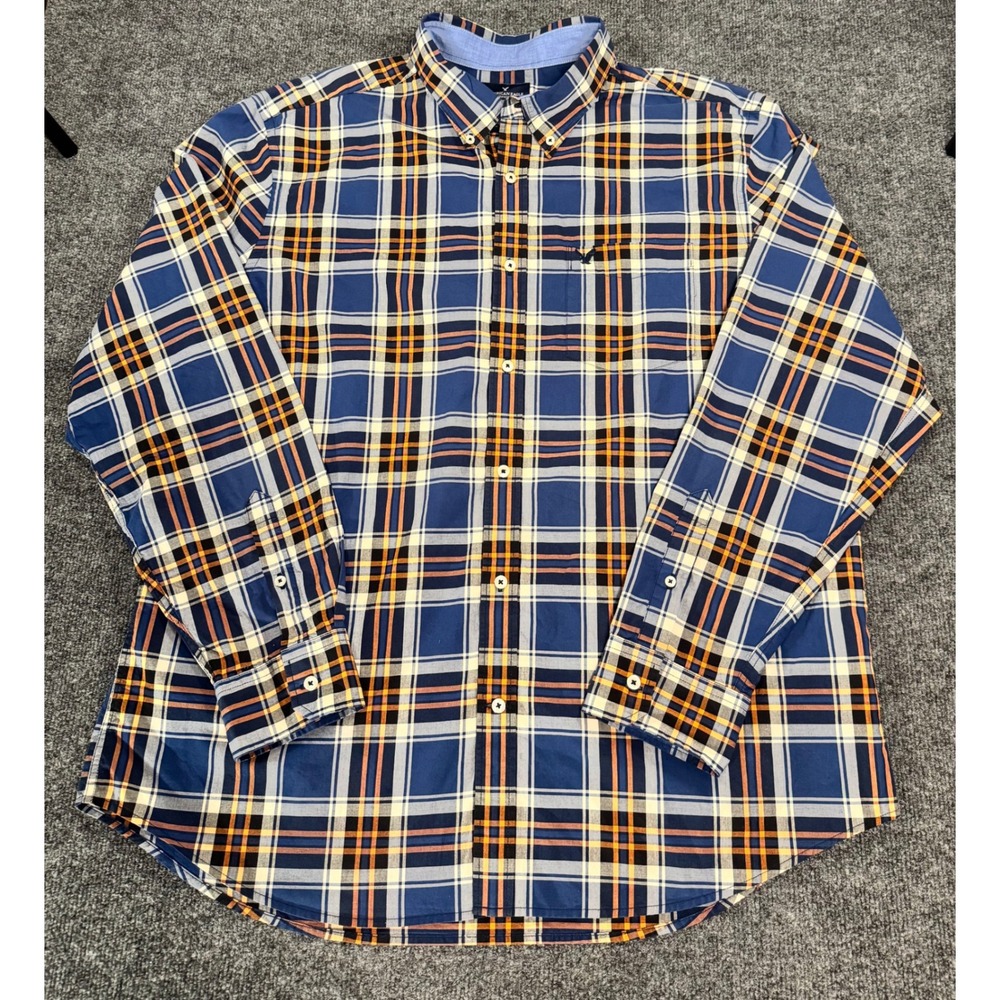 American‎ Eagle Mens XXL Classic Fit Plaid Button Down Shirt Navy Blue Orange